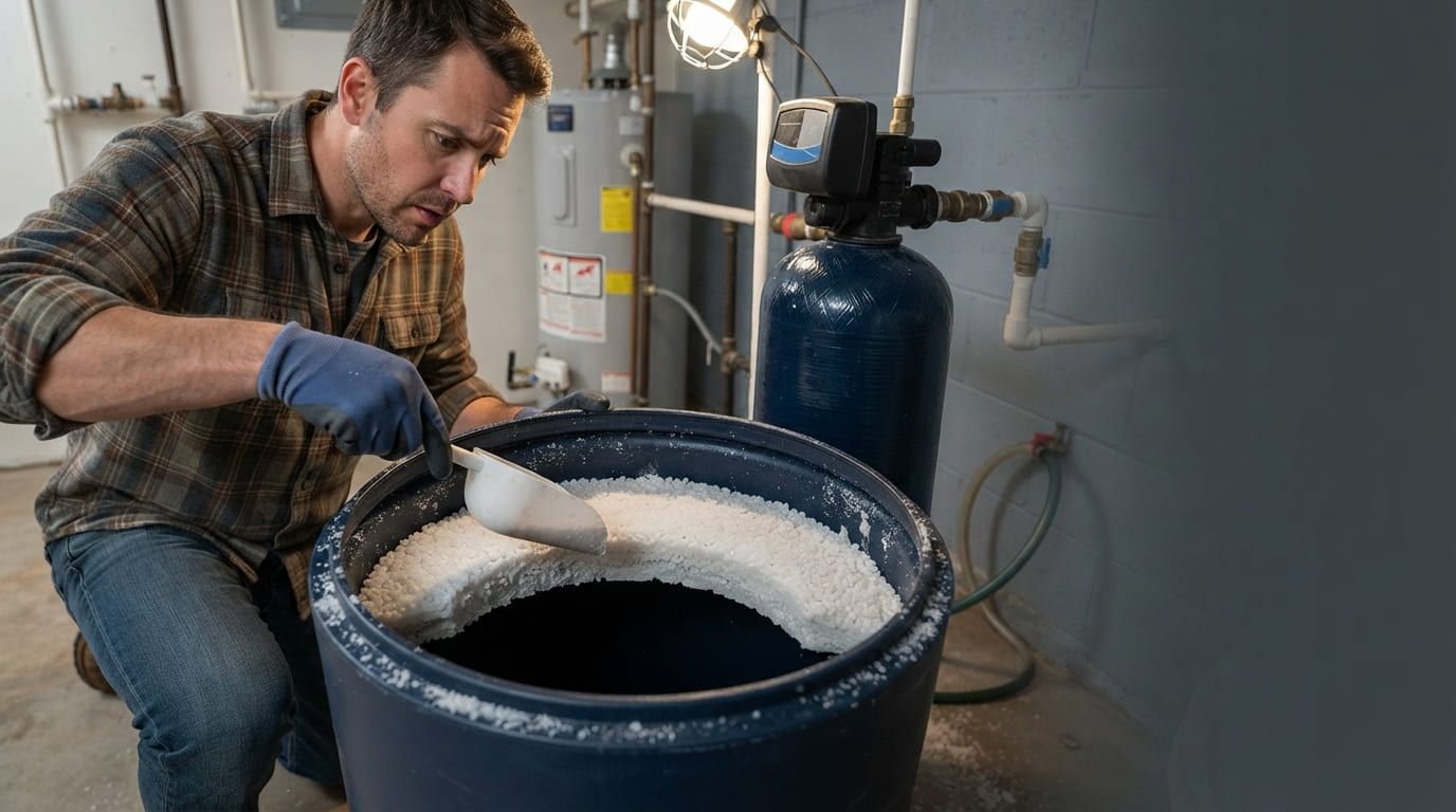 Man checking a crusted salt bridge inside a water softener brine tank