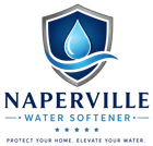 Naperville Water Softener Logo with Shield Emblem, Water Droplet, Wave Graphic, Star Details, Company Name in Naperville, IL