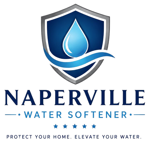 Naperville Water Softener Logo with Shield Emblem, Water Droplet, Wave Graphic, Star Details, Company Name in Naperville, IL