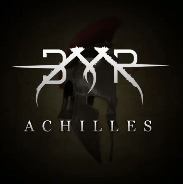 A logo for achilles with a helmet in the background
