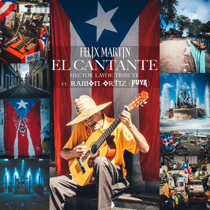 A man is playing a guitar in front of a puerto rico flag