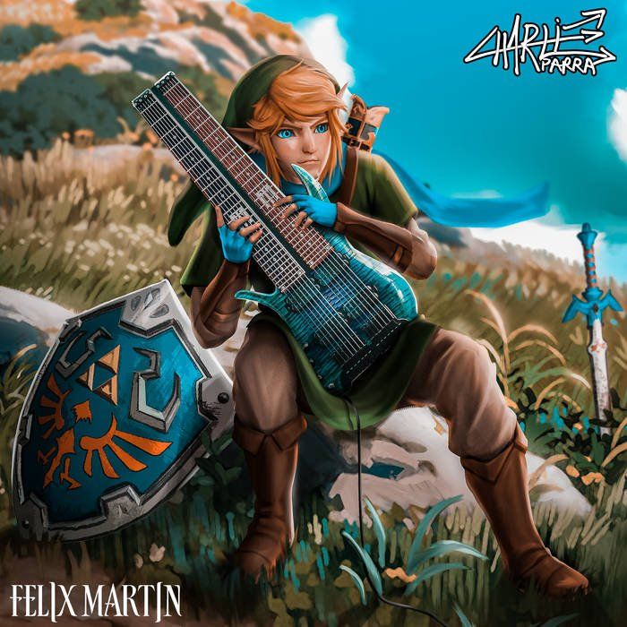 A felix martin artwork of link holding a guitar