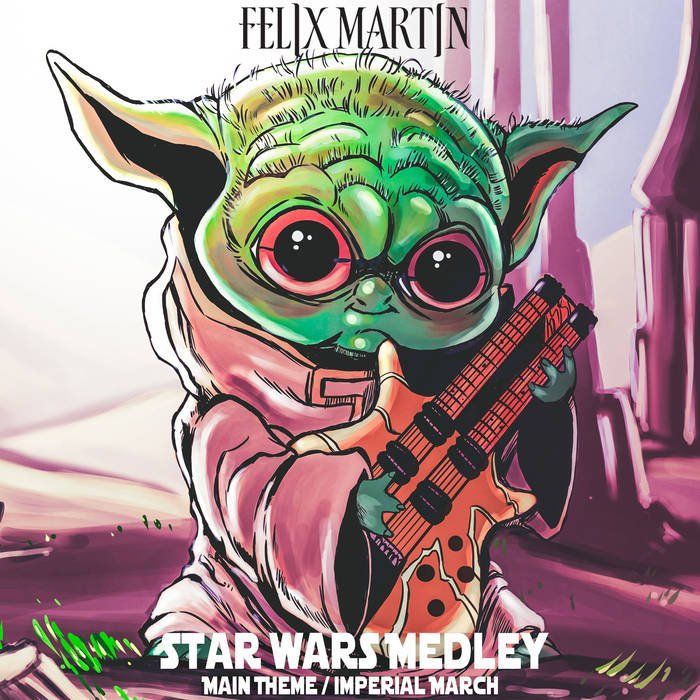 A baby yoda is holding a guitar on the cover of felix martin 's star wars medley album