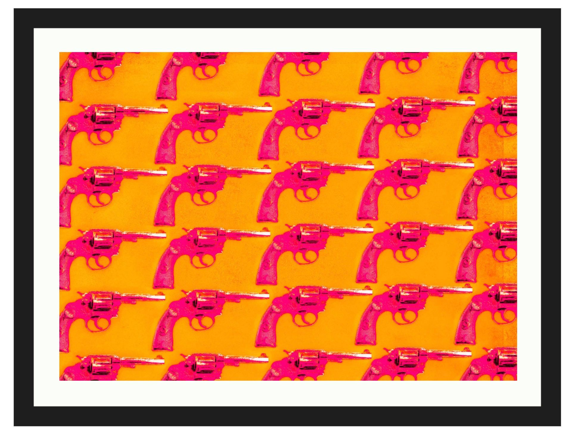 Pattern of pink revolvers on a yellow-orange background, framed by a black border.
