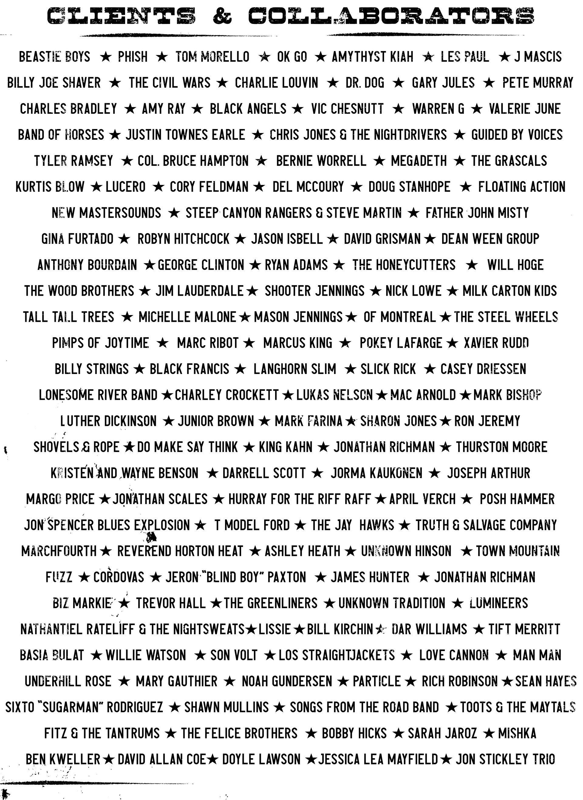 client list for Asheville NC music photographer Sandlin Gaither 