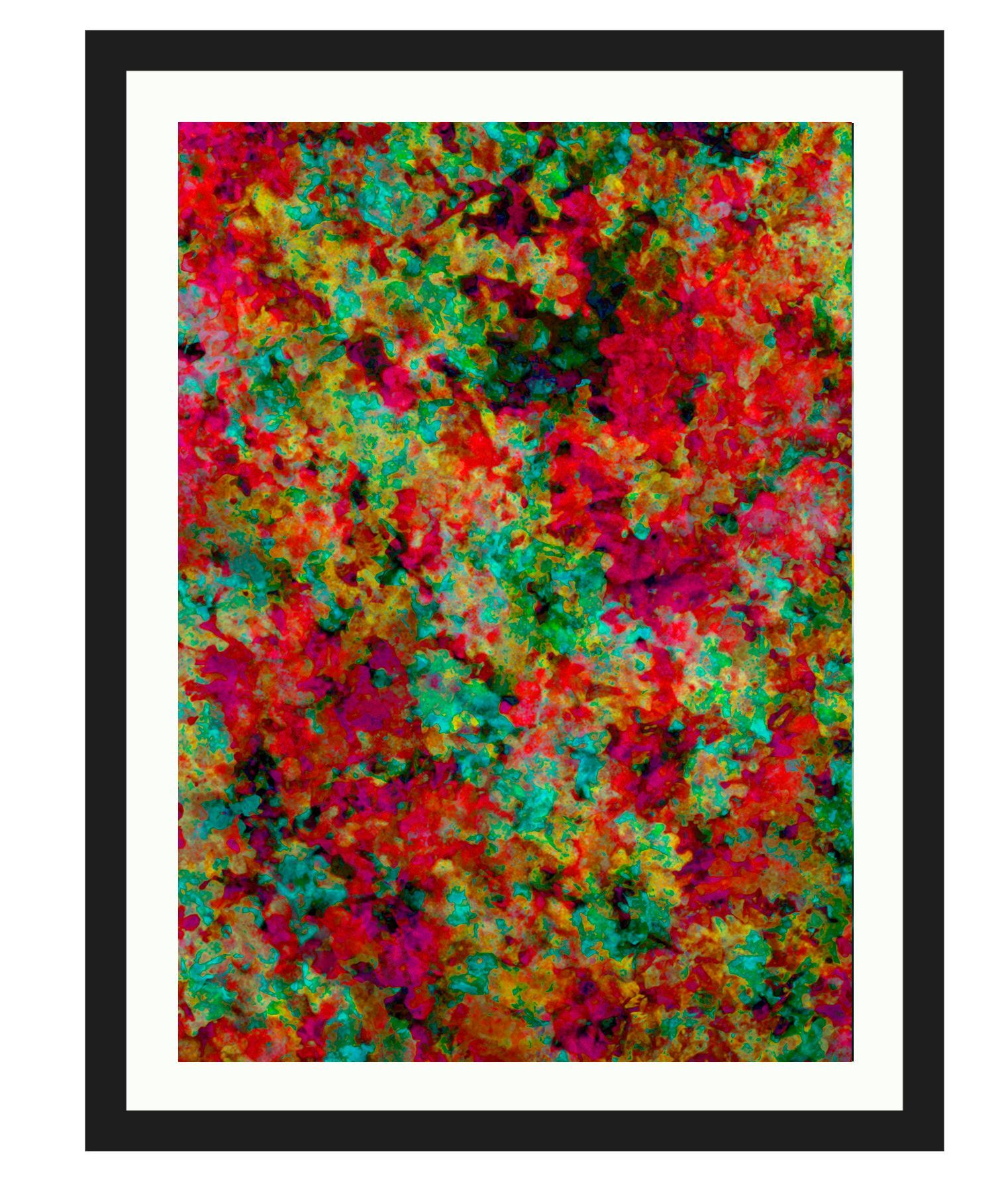 Abstract multicolored floral-like painting with red, green, yellow, and black speckles in a black frame