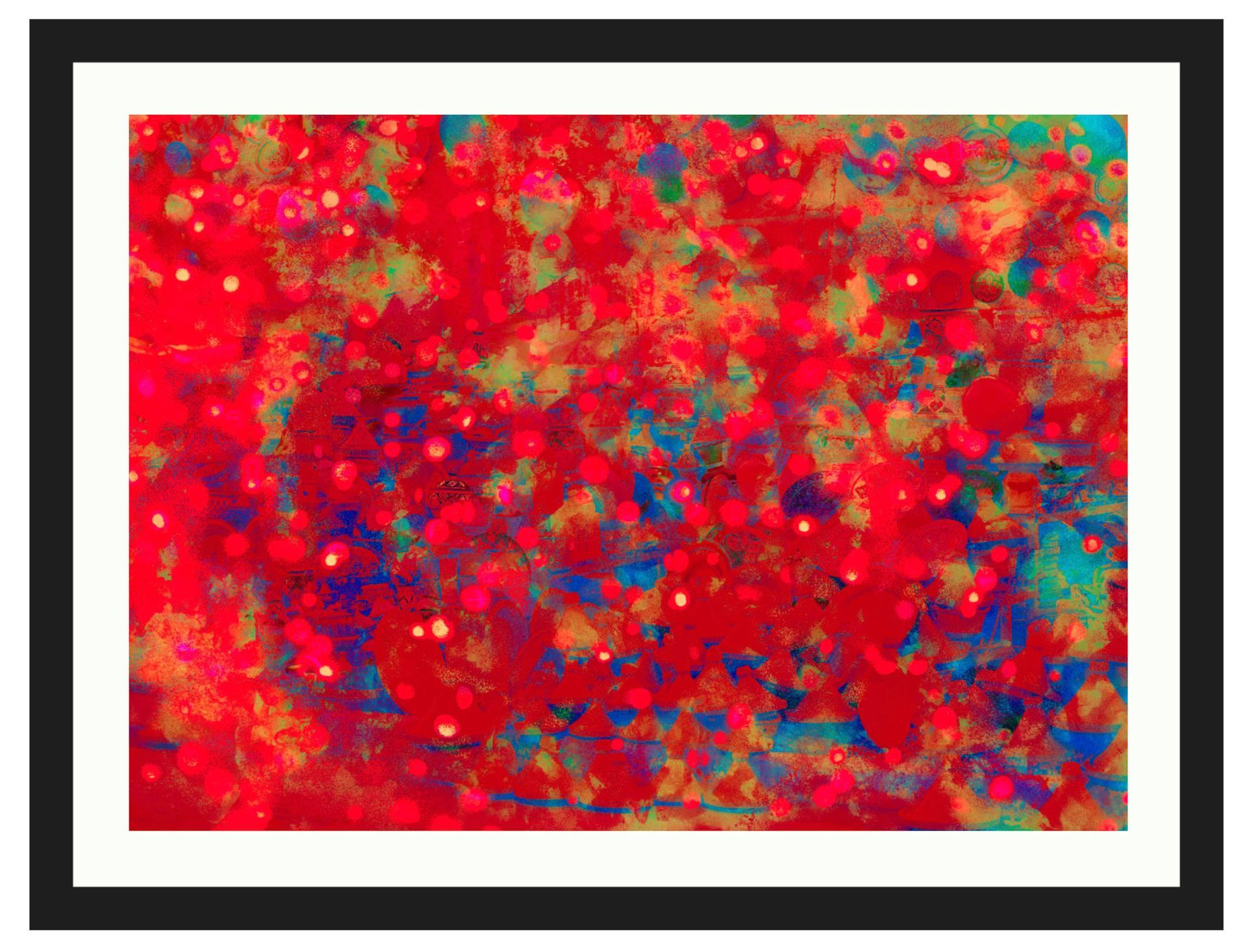 Abstract red, pink, and blue splattered painting in a black frame on a white background