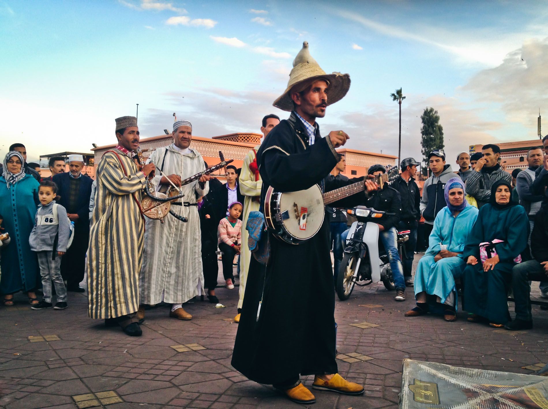 musicians on the square, Marrakech, Morocco, small group travel and food photography tours with Sandlin Gaither Explorer's Club
