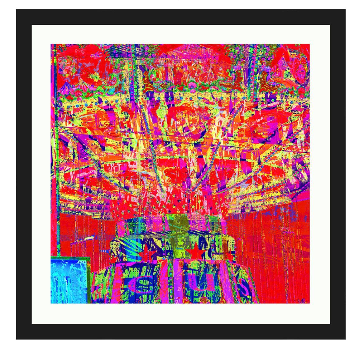 Abstract colorful digital artwork with red, pink, yellow, blue, and green glitch-like patterns in a black frame