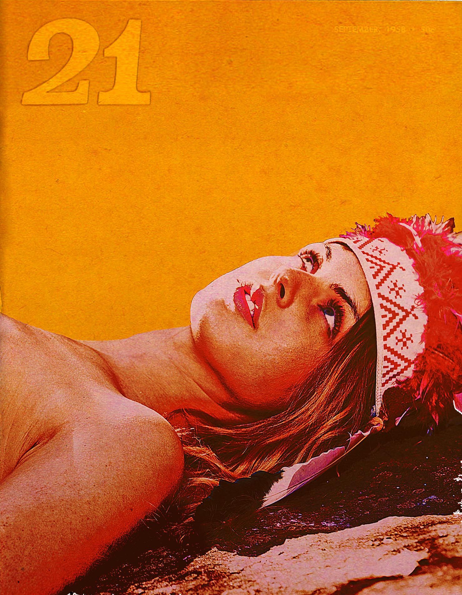 Woman reclining on a rock under a bright orange background, wearing a patterned headband and red lipstick.