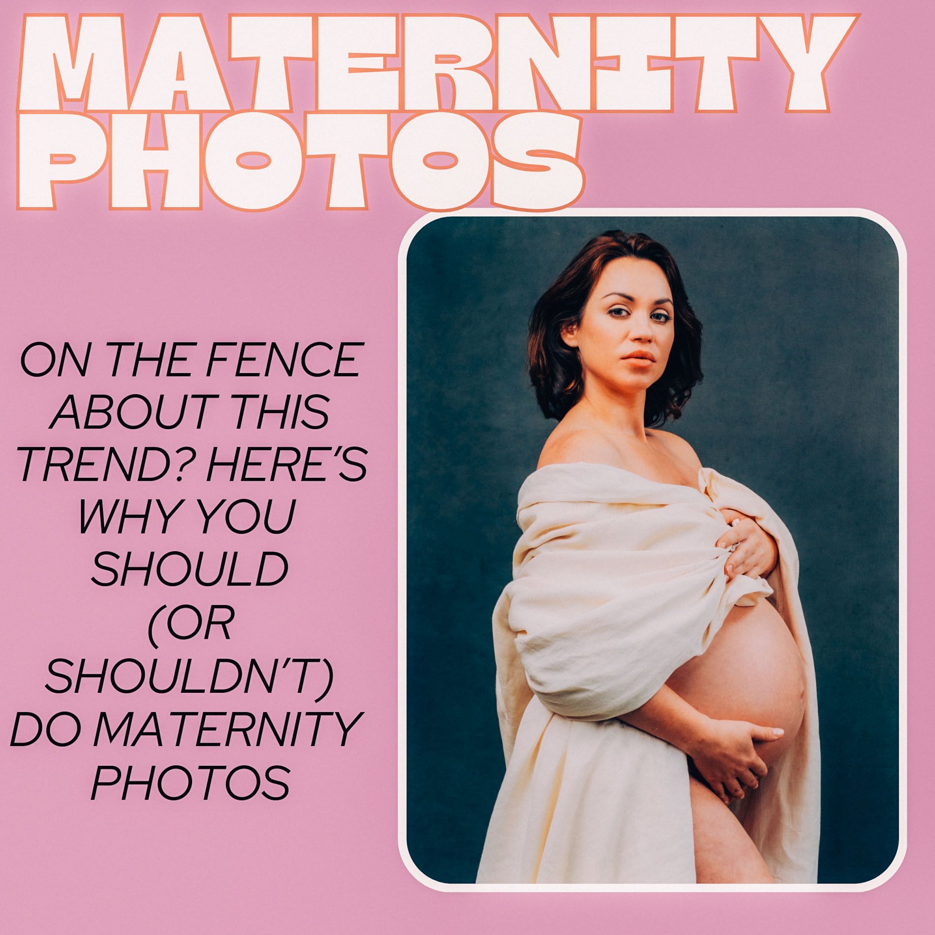 Maternity photos text graphic with a woman in a white wrap against a dark backdrop and headline text on pink background