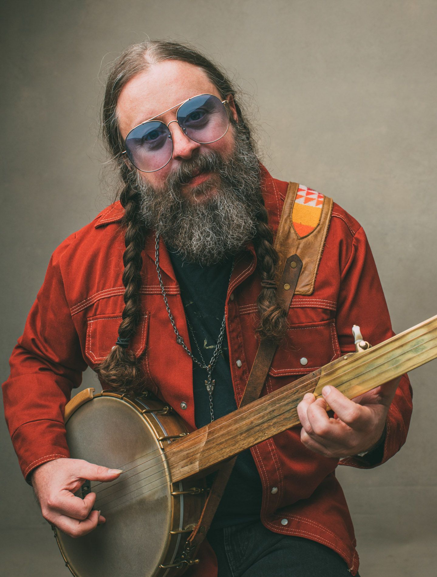 Studio portrait of Mike Savino Tall Tall Trees banjo player for promotional photography by Asheville music photographer Sandlin Gaither 