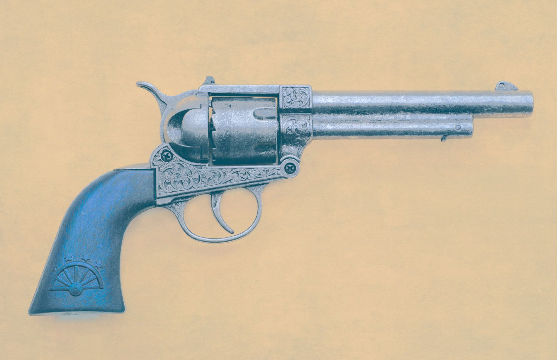 Blue revolver with a long barrel on a plain tan background, fine art print by asheville photgrapher and artist sandlin gaither 