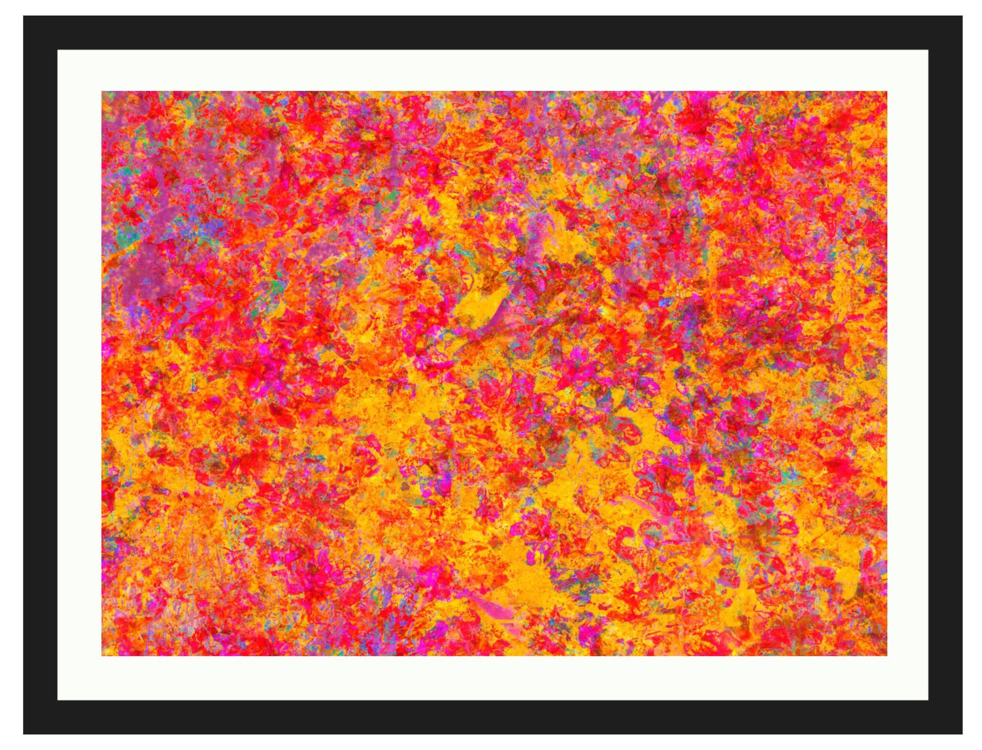 Abstract painting with vibrant pink, yellow, and orange textured colors in a black frame