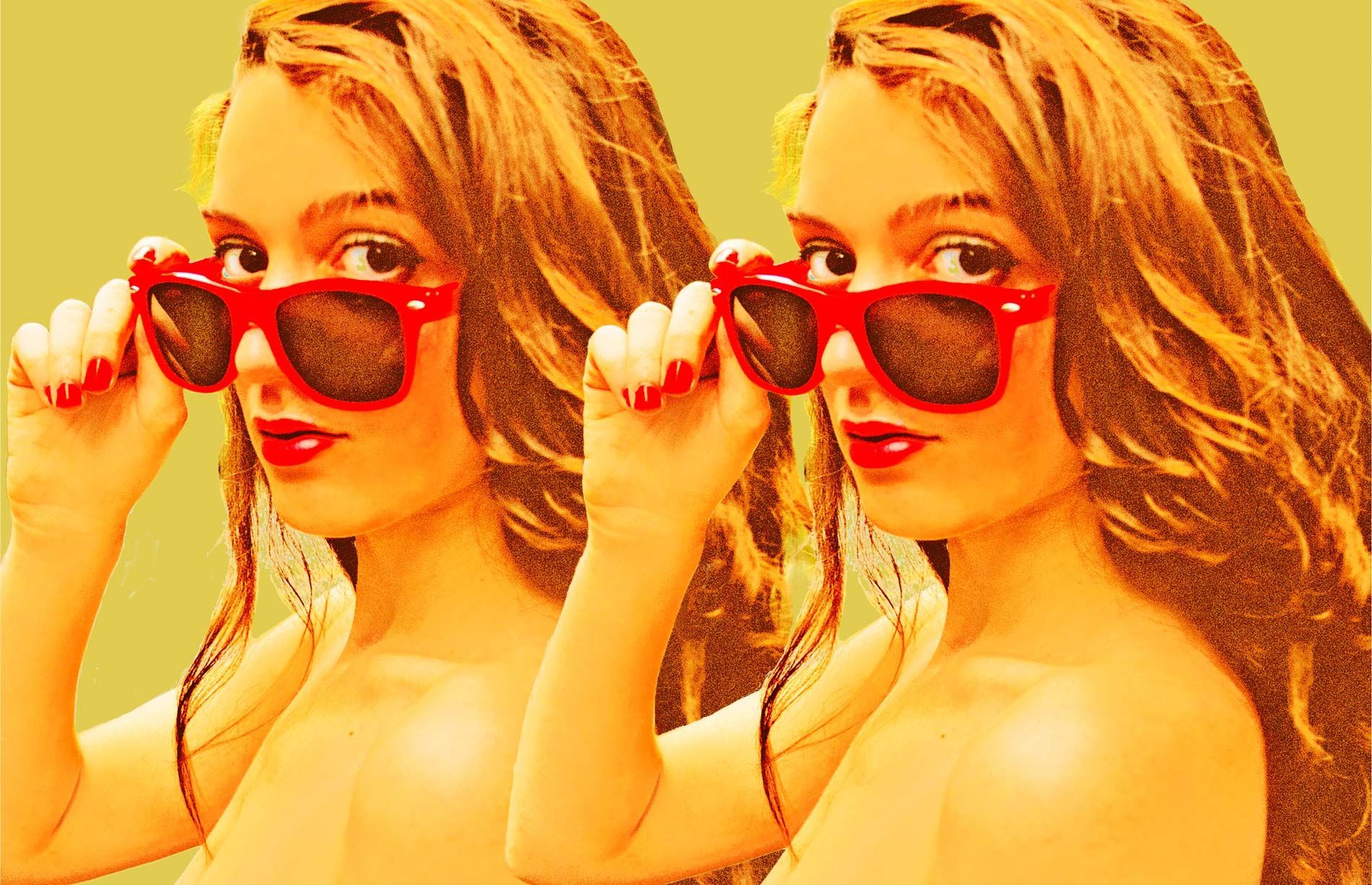 Two mirrored portraits of a woman in red sunglasses against a warm yellow background