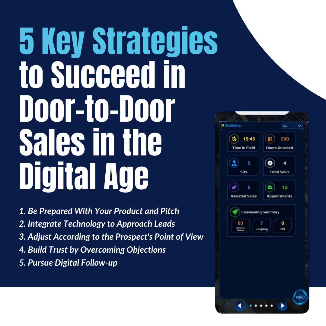 Infographic: 5 door-to-door sales strategies in the digital age, with a phone showing an app.