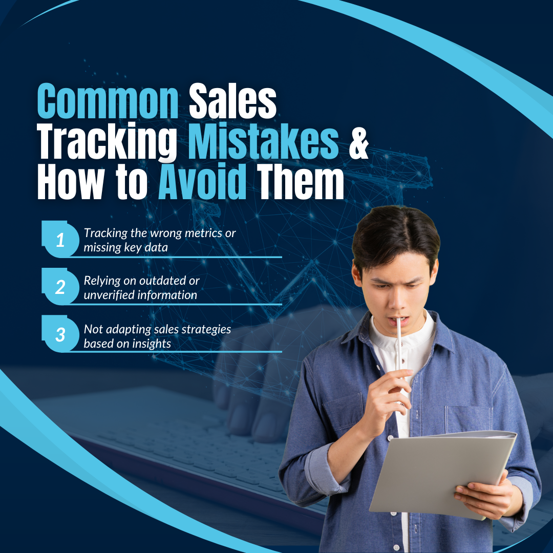 Infographic: Common Sales Tracking Mistakes. Man pondering, looking at clipboard, on blue background.