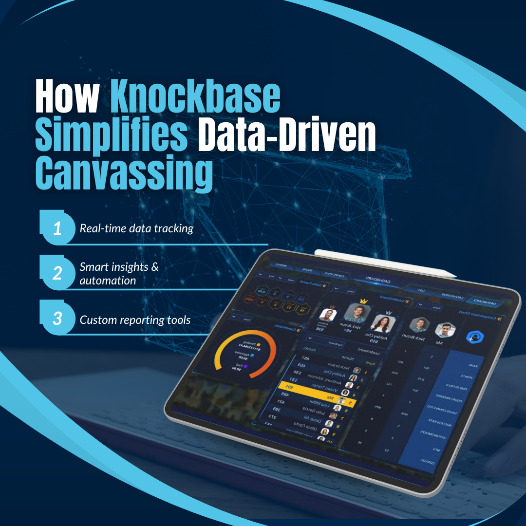 Blue graphic promoting Knockbase. Tablet displays data with three benefits: real-time tracking, smart insights, and custom report generator.