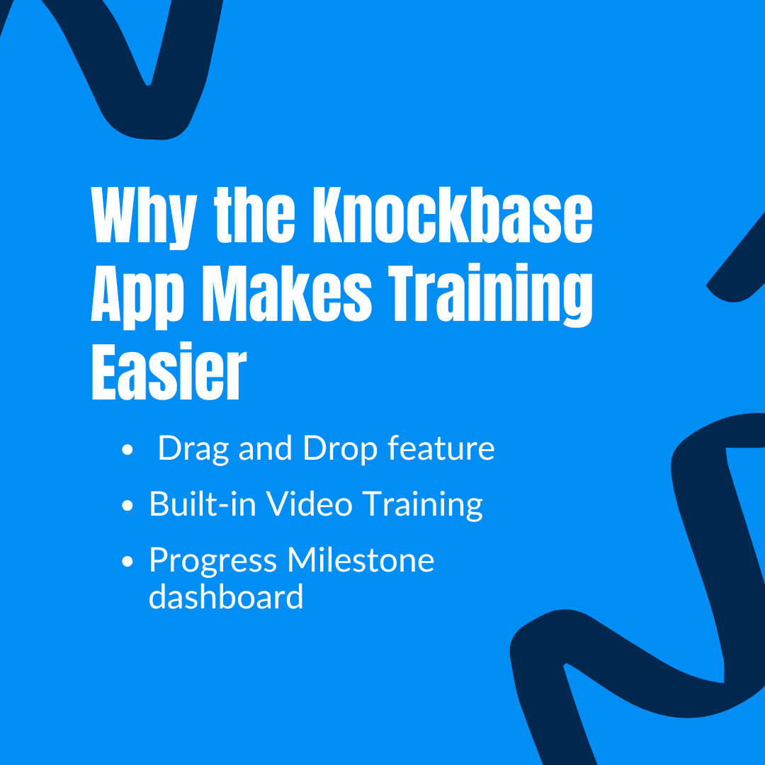 A blue graphic advertises the Knockbase app, highlighting its drag-and-drop feature, built-in video training, and progress dashboard.
