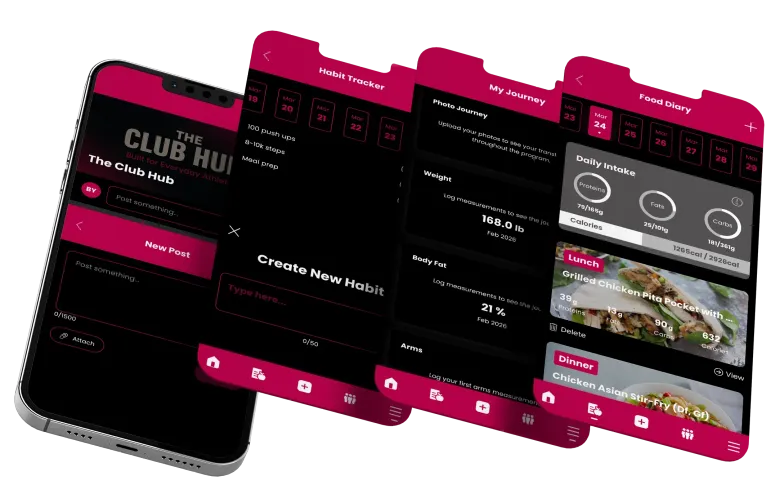 Four mobile phones in a row display a fitness or club membership app with a dark theme and magenta accents.