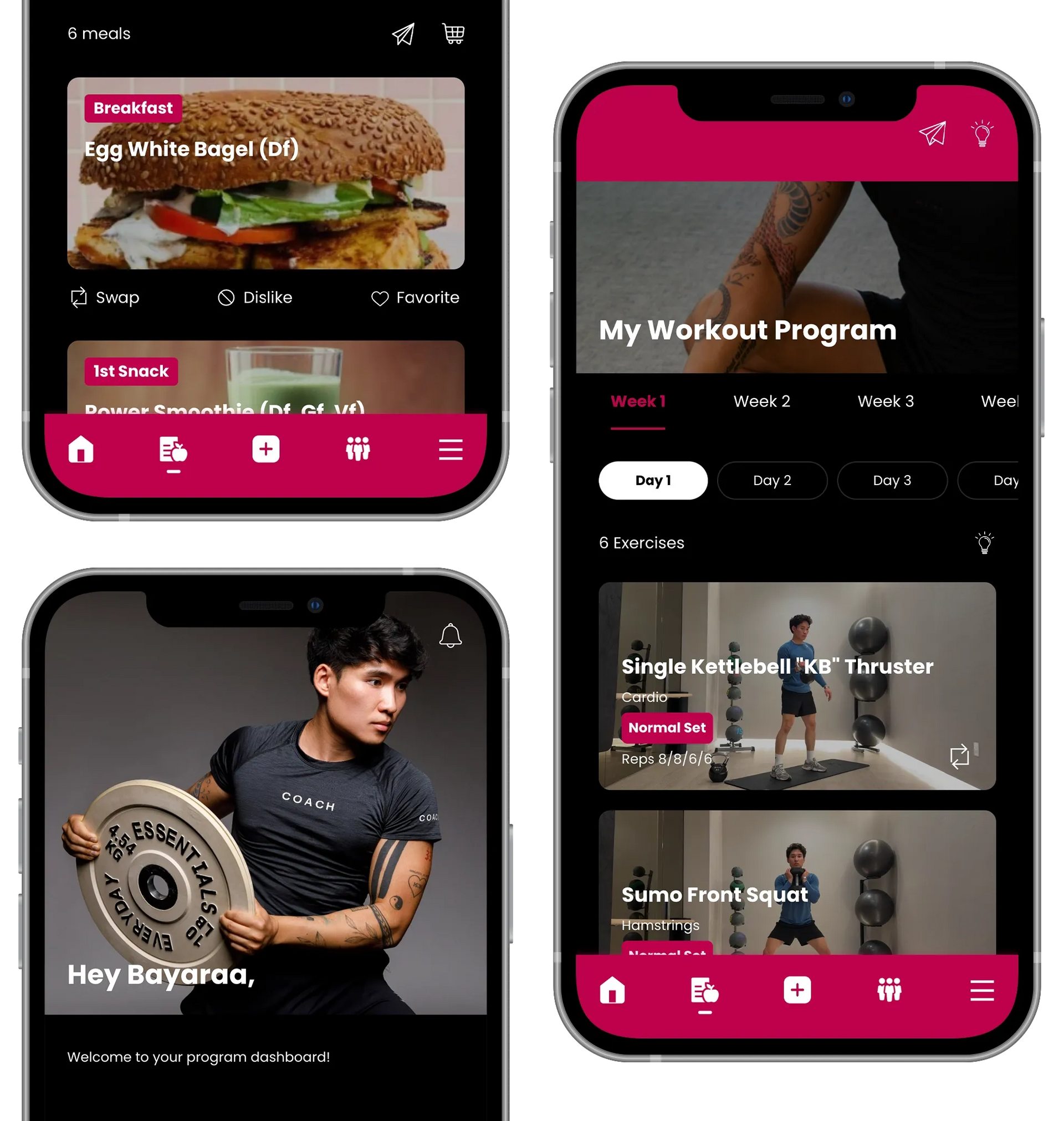 Three mobile app screens featuring fitness workout programs and meal plans with a dark, magenta-accented interface.