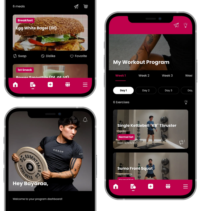 Three mobile app screens featuring fitness workout programs and meal plans with a dark, magenta-accented interface.