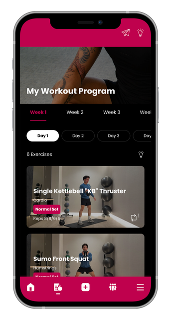 A mobile app screen titled My Workout Program shows exercise videos, including Kettlebell Thrusters and Reverse Lunges.