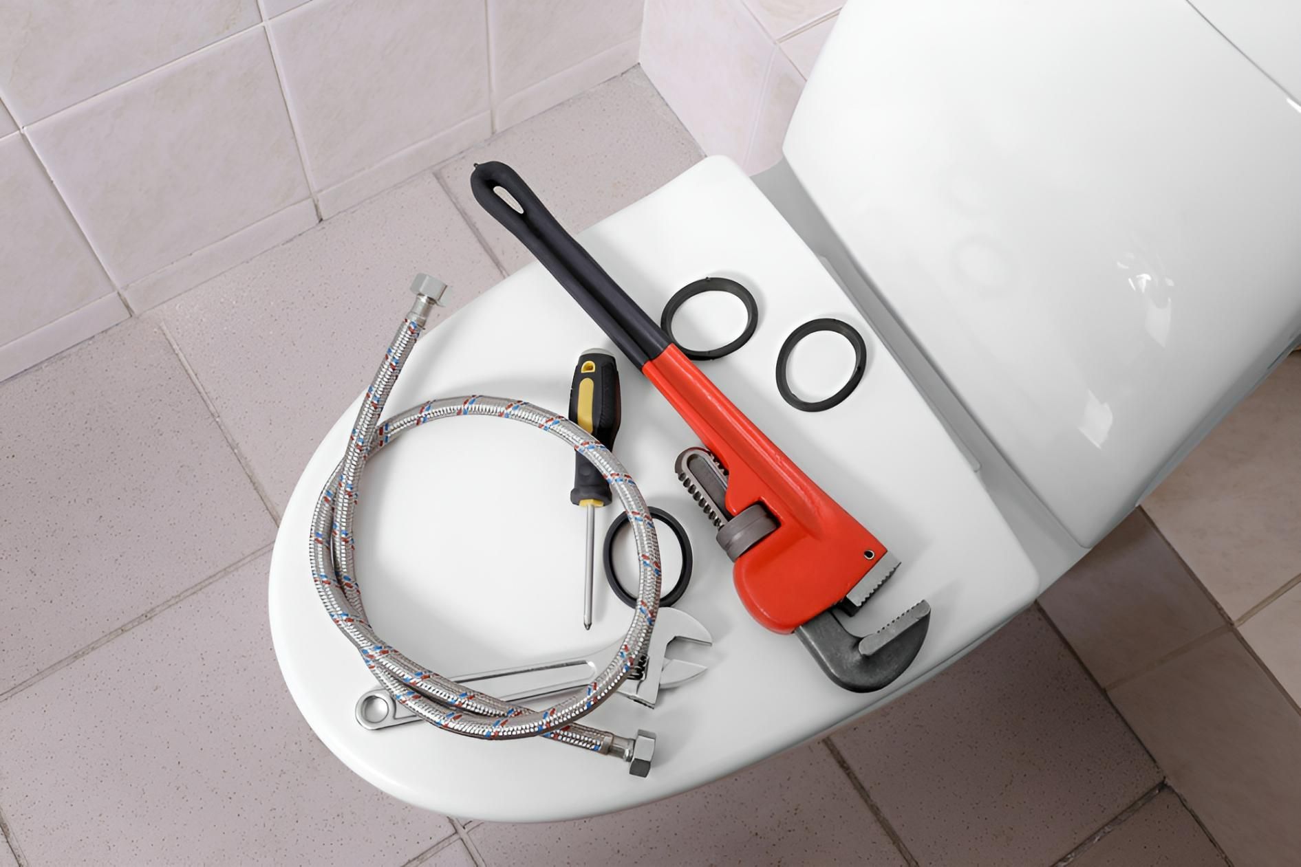 A Toilet With a Wrench and Hose on It — Vision Plumbing Queensland in Pimlico, QLD