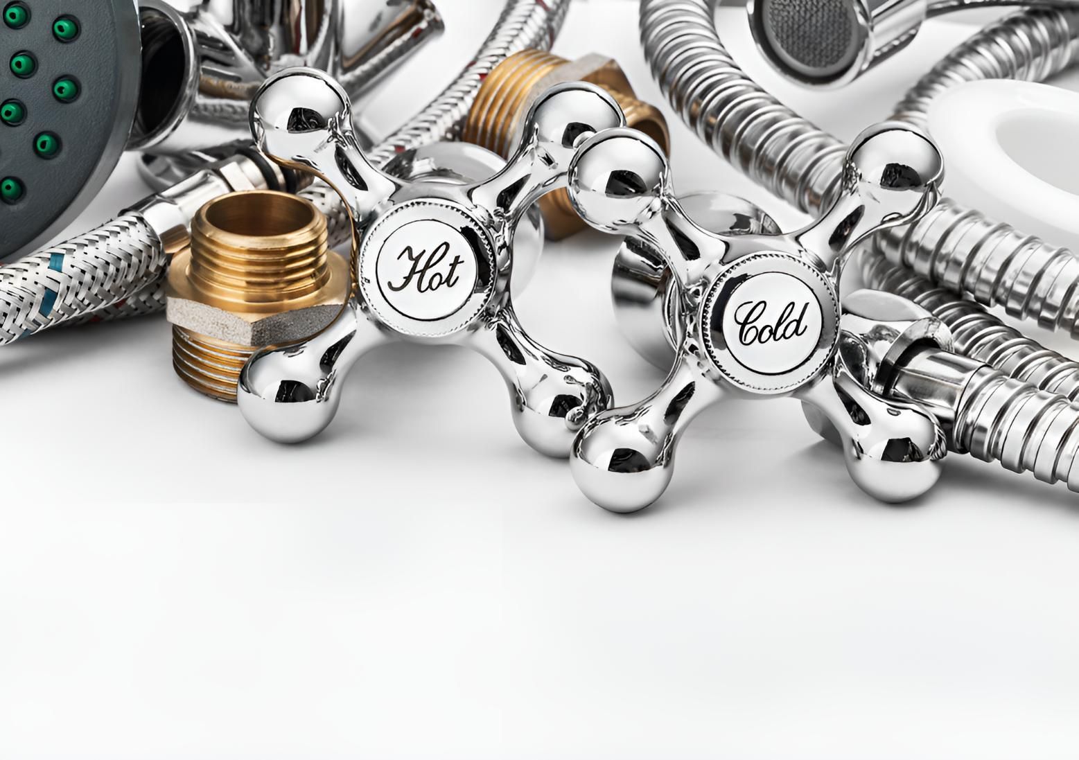 A Close Up of a Bunch of Plumbing Parts on a White Background — Vision Plumbing Queensland in Pimlico, QLD