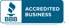 BBB Accredited Business logo, a blue rectangle with a stylized flame and the letters