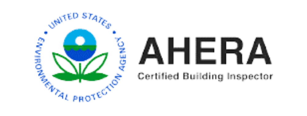 AHERA Certified Building Inspector logo. EPA seal with green leaves and text