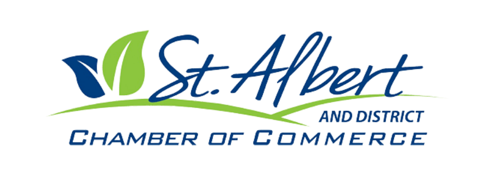 Logo of the St. Albert and District Chamber of Commerce. Features blue and green leaves and text.