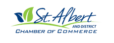 Logo of the St. Albert and District Chamber of Commerce. Features blue and green leaves and text.