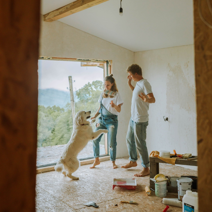 Couple and golden retriever dancing in a room under construction with open window to the outdoors.