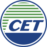 Blue and green CET logo inside a blue and white striped circle.