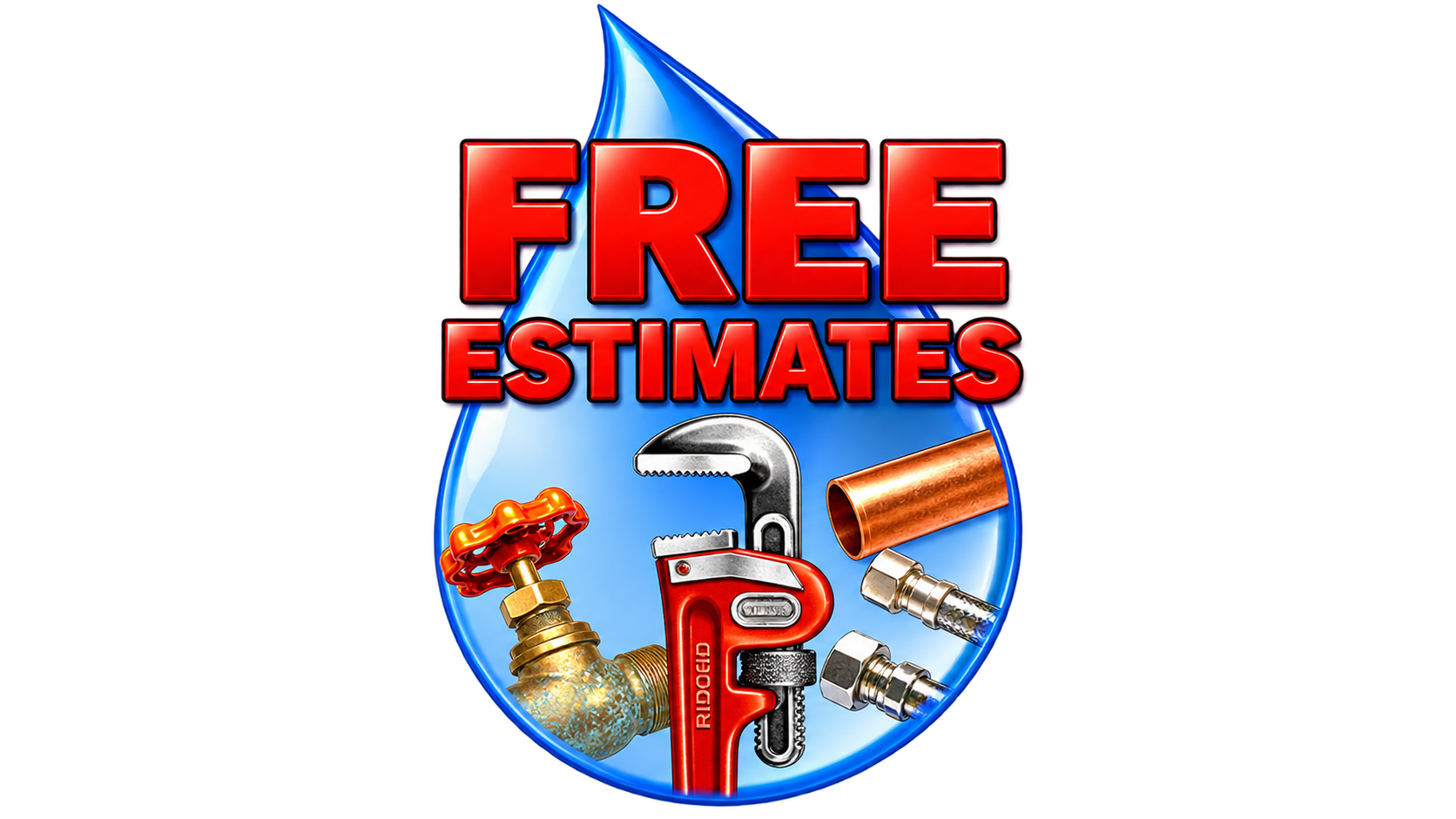 Free estimates text over plumbing tools and fixtures in a blue circle