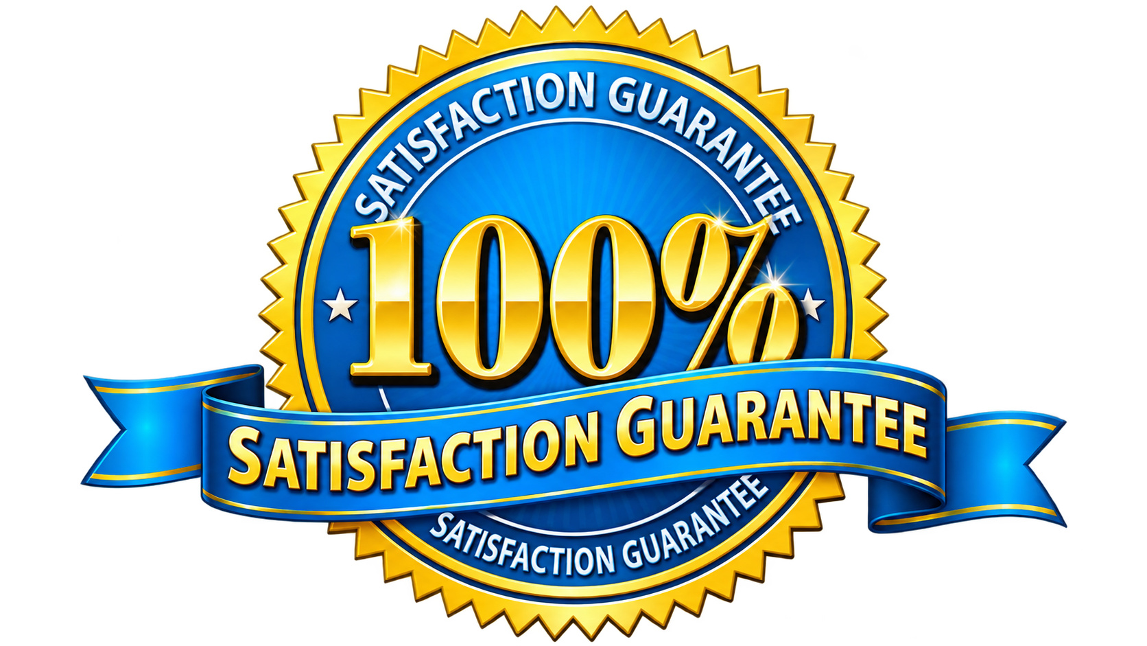 100% satisfaction guarantee gold seal with blue ribbon and banner