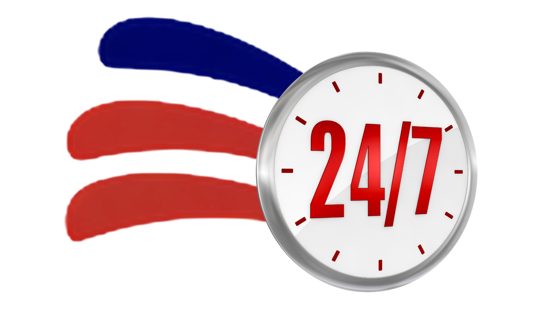 24/7 service icon with red clock and blue-red swoosh lines on white background