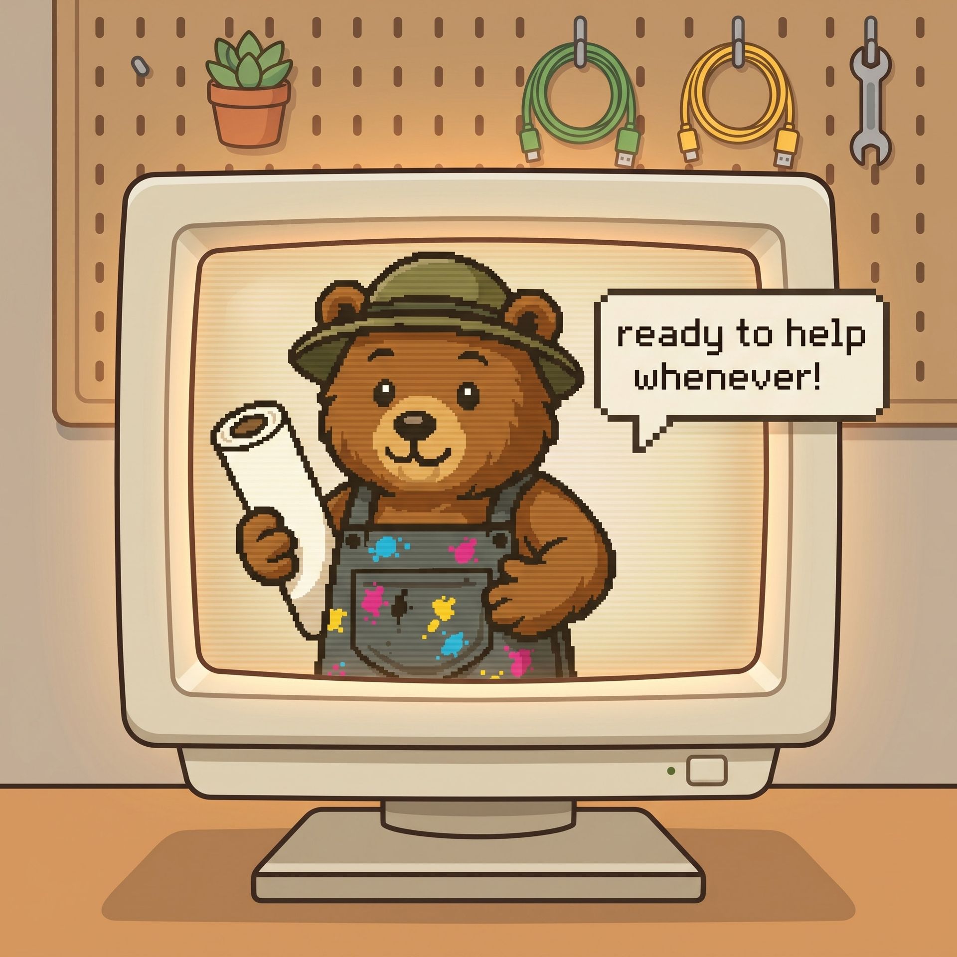 Cartoon bear in a TV frame holding a paper roll, with a speech bubble saying “ready to help whenever!”