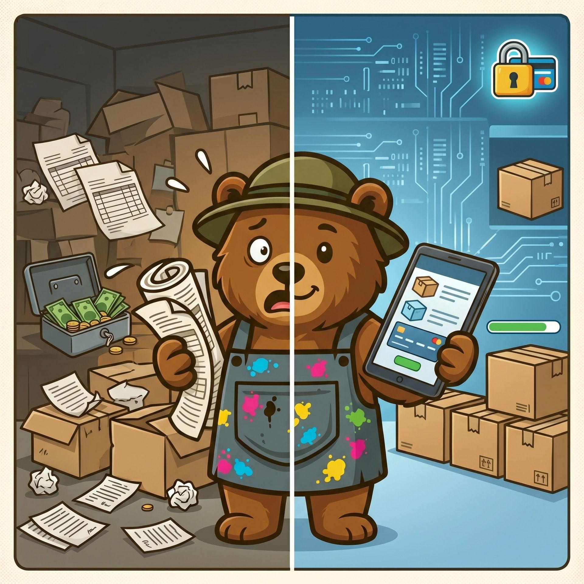 Bear holding a phone and papers between a cluttered office and a tech-filled digital side, with boxes and files