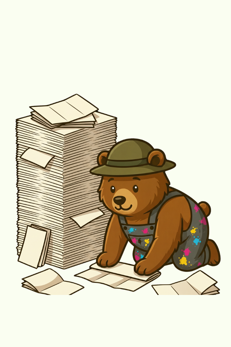 Bear in a hat kneeling by a tall stack of papers, surrounded by scattered sheets.