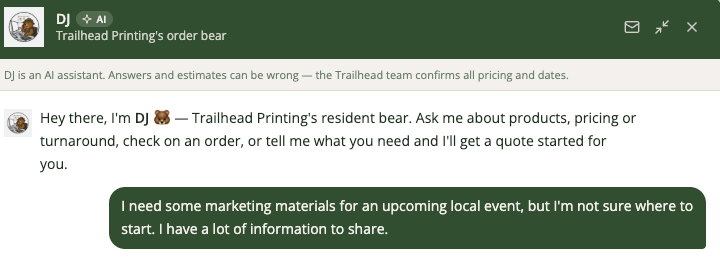 Chat conversation with highlighted message asking for marketing materials for a local event