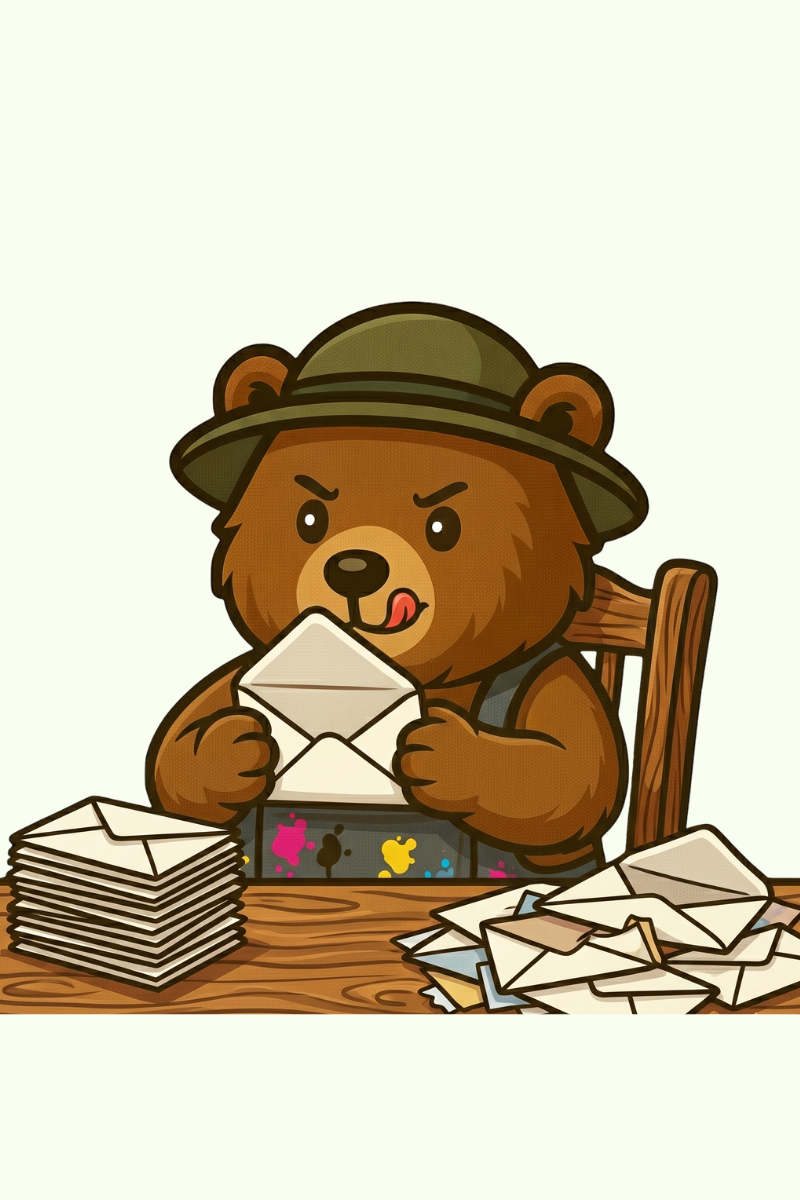 Cartoon bear in a hat opening an envelope at a desk with stacks of letters and scattered mail