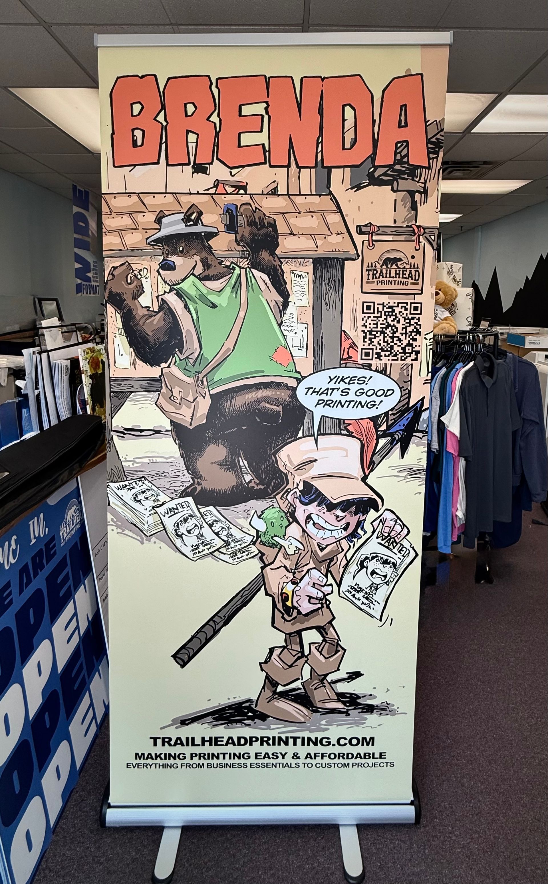 Three vertical banners: two with