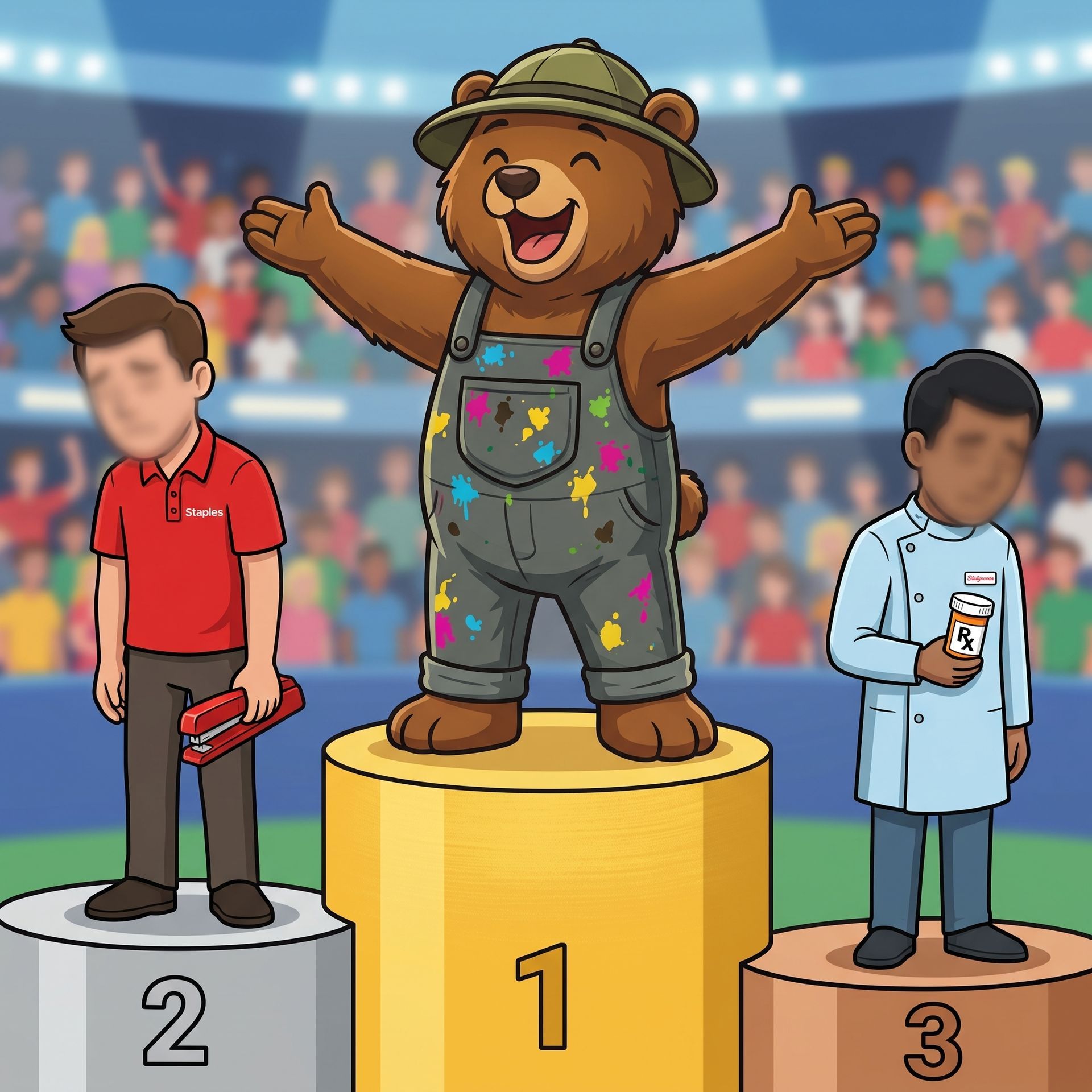 Podium winners: bear on first, red-shirted person on second, lab-coated person on third.