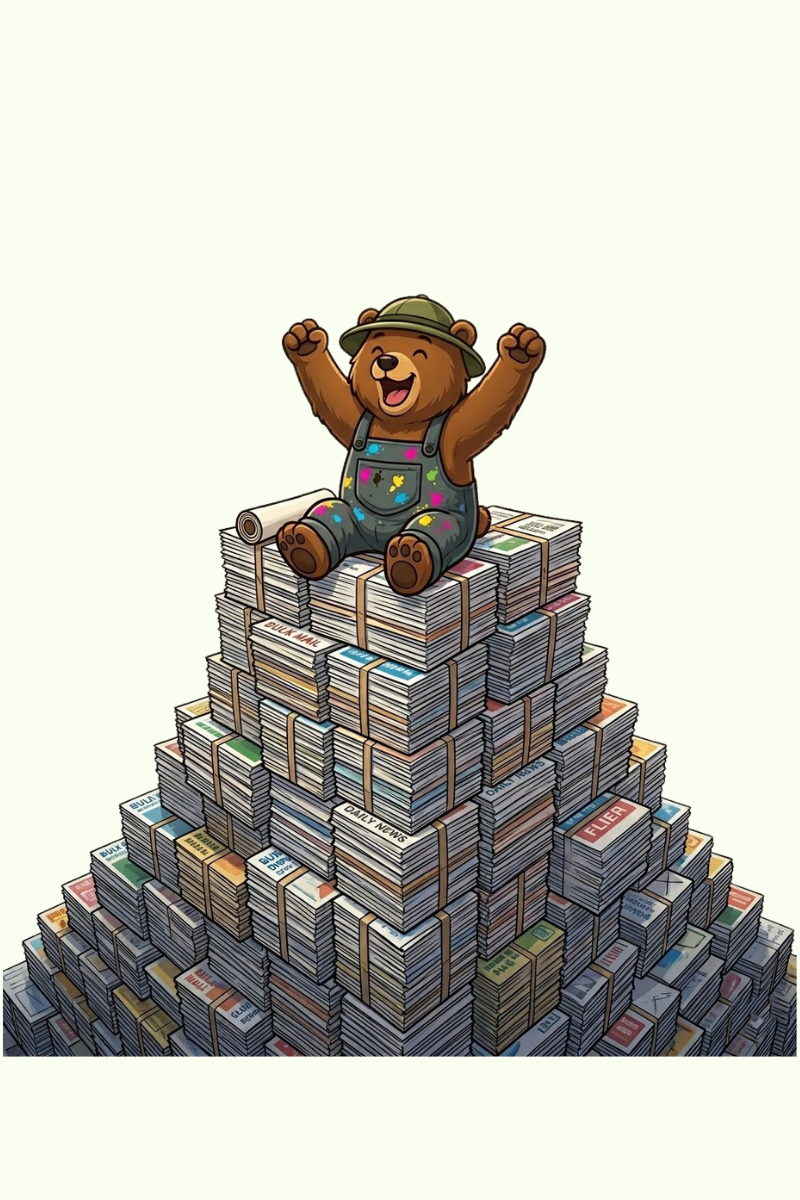 Toy bear with arms raised, sitting atop a pyramid of stacked dollar bills