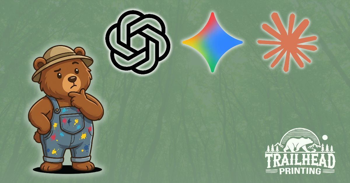 Cartoon bear in overalls with OpenAI, colorful star icons, and Trailhead Printing logo on green background