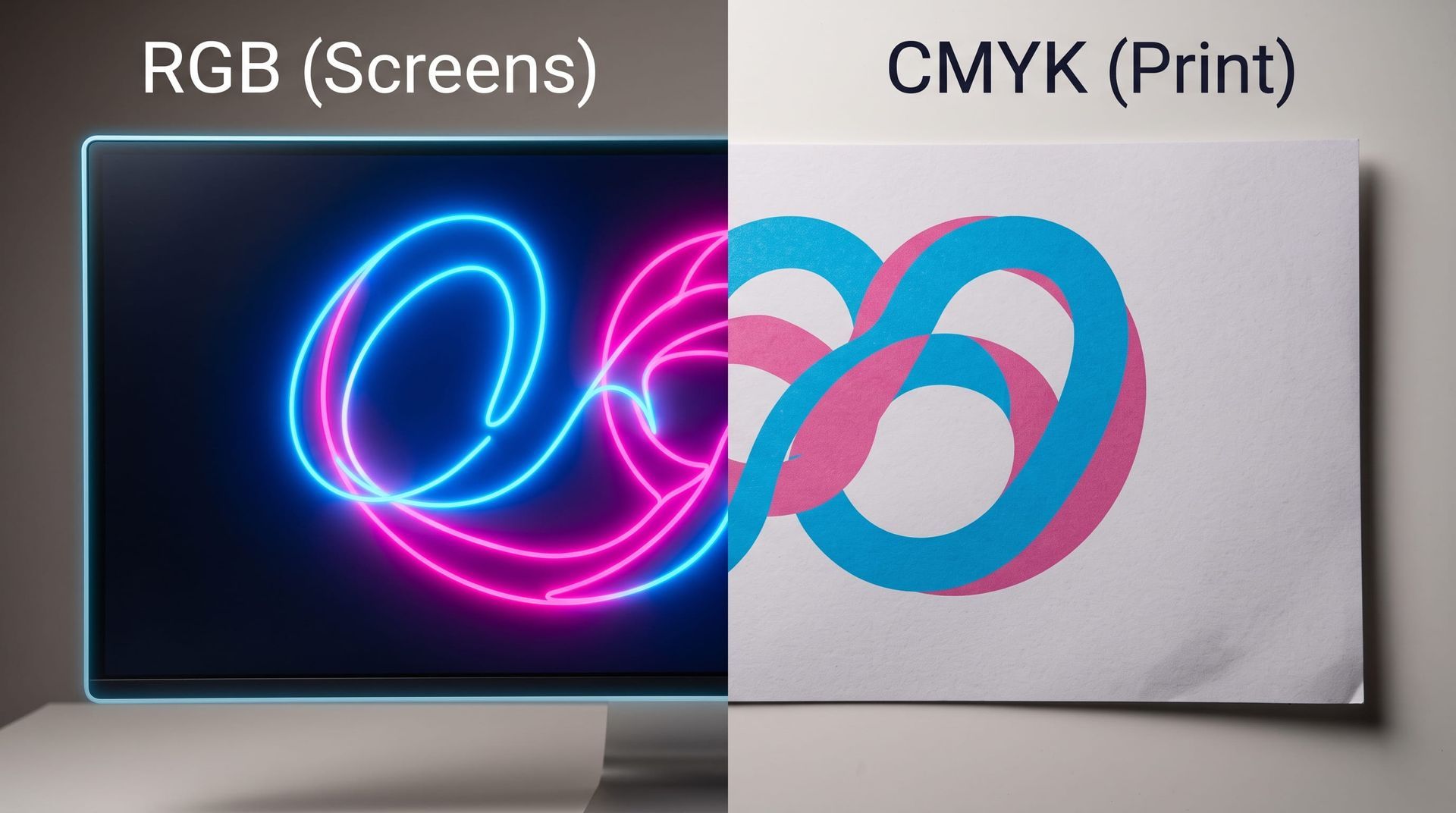 Screen comparison of RGB neon on monitor and CMYK print color swirls