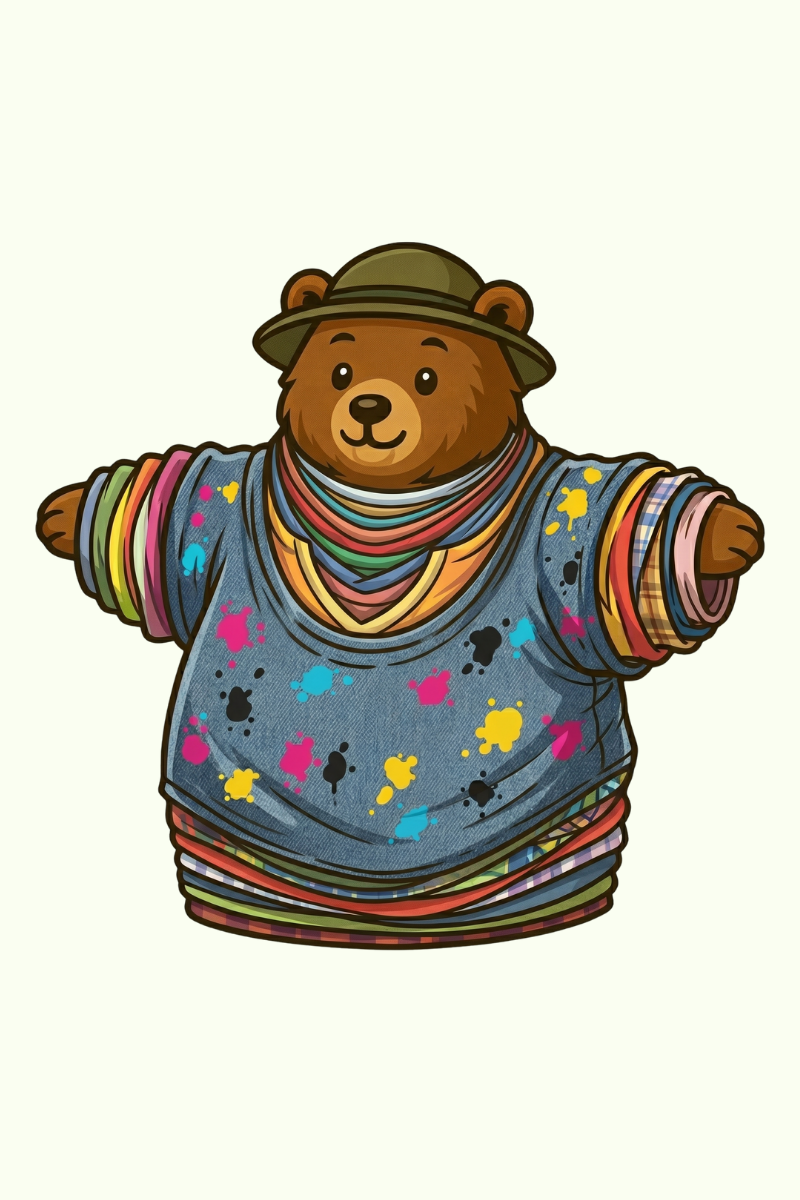 Cartoon bear wearing a colorful sweater, bead necklaces, and a hat, arms outstretched.