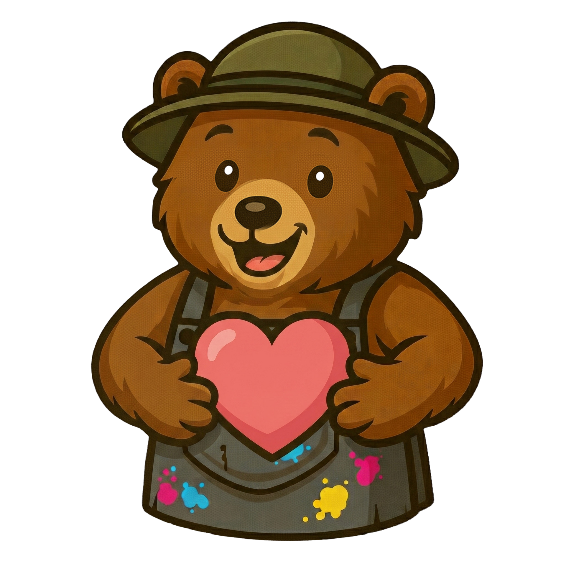 Cartoon bear in a hat holding a pink heart, wearing a paint-splattered apron and smiling.